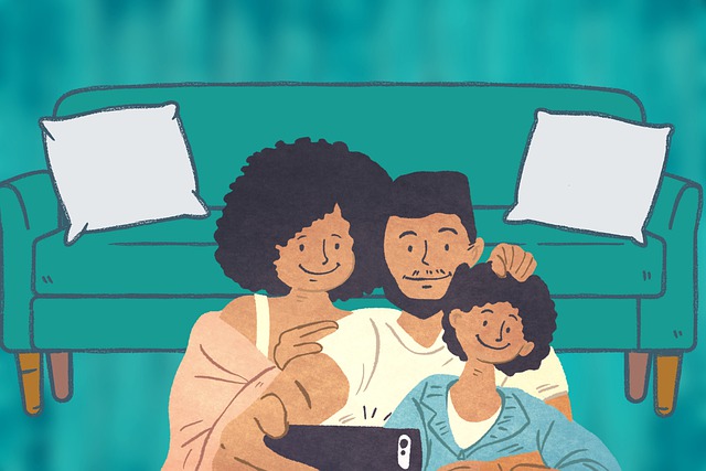 Illustration av en familj som tar en selfie